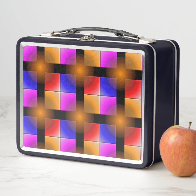 Bright coloured squares on black background  metal lunch box (In Situ)