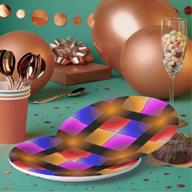 Bright coloured squares on black background   paper plate (Multi)