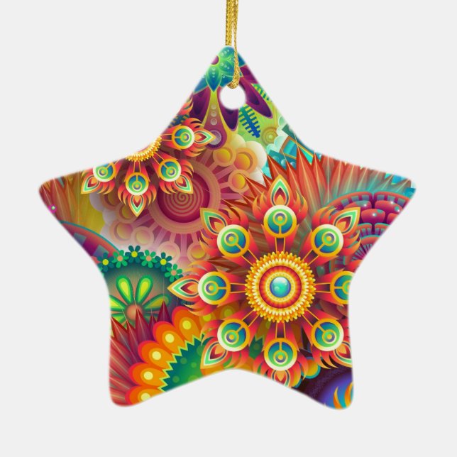 Bright Colourful Abstract Flower Pattern Ceramic Tree Decoration (Back)