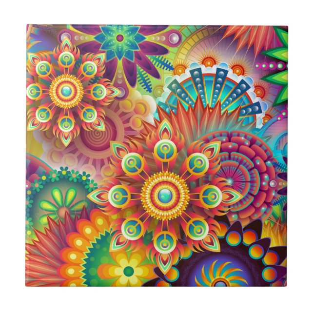 Bright Colourful Abstract Flower Pattern Tile (Front)