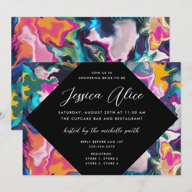 Bright & Colourful Abstract Marbling Bridal Shower Invitation (Front/Back)