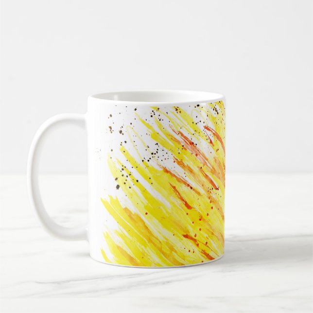 Bright colourful abstract yellow orange red black coffee mug (Left)