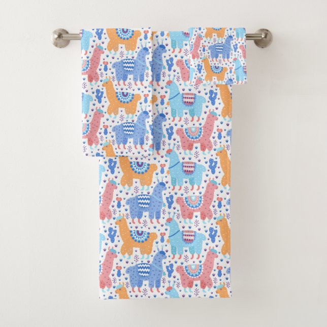Bright Colourful Alpaca Pattern Bath Towel Set (Insitu)