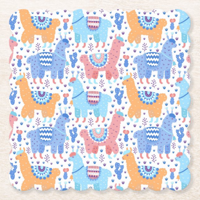 Bright Colourful Alpaca Pattern Paper Coaster (Front)