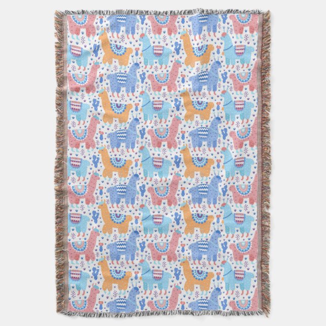 Bright Colourful Alpaca Pattern Throw Blanket (Front Vertical)