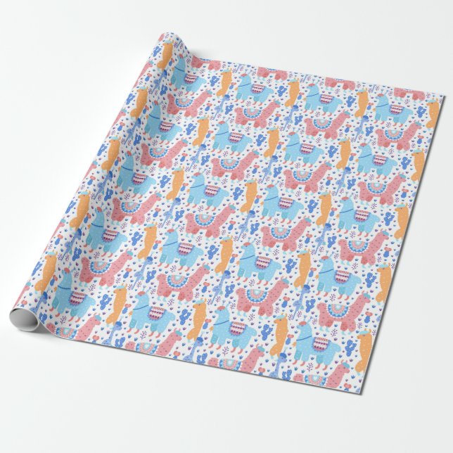 Bright Colourful Alpaca Pattern Wrapping Paper (Unrolled)