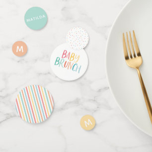 Bright colourful baby brunch shower decor confetti