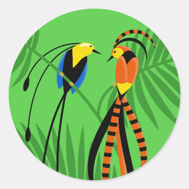 Bright Colourful Birds of Paradise on Green Classic Round Sticker (Front)