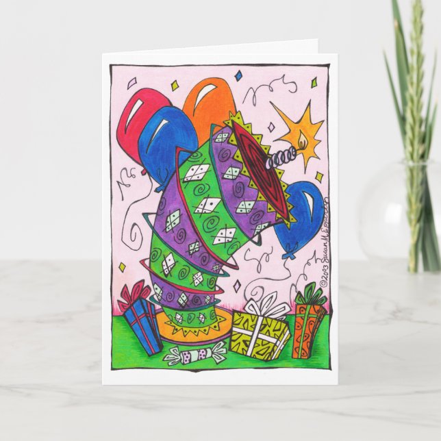 Bright Colourful Birthday Cake Balloons Drawing Card (Front)