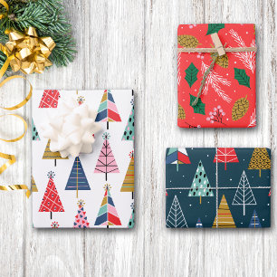 Bright Colourful Boho Christmas Trees Pattern Wrapping Paper Sheet