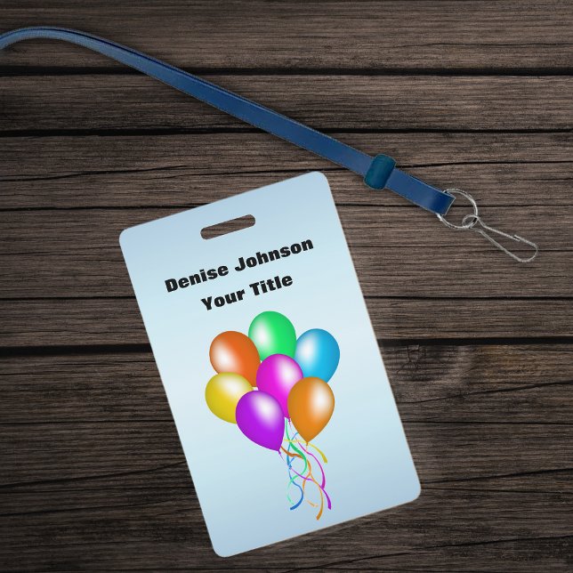 Bright Colourful Bunch Balloons Streamers on Blue ID Badge (Bunch colourful balloons various colours matching streamers on blue identification badge.)