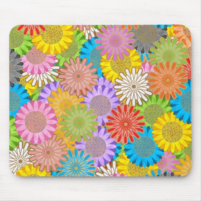Bright Colourful Busy Chaotic Hippy Flower Pattern Mouse Mat (Front)