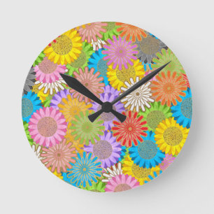 Bright Colourful Busy Chaotic Hippy Flower Pattern Round Clock