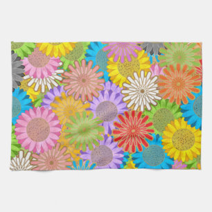 Bright Colourful Busy Chaotic Hippy Flower Pattern Tea Towel