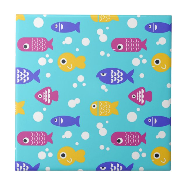 Bright Colourful Cartoon Fish Pattern Blue Tile (Front)