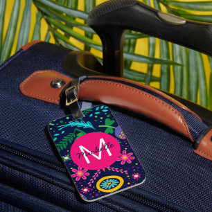 Bright Colourful Chaotic Floral Blue Personalised Luggage Tag