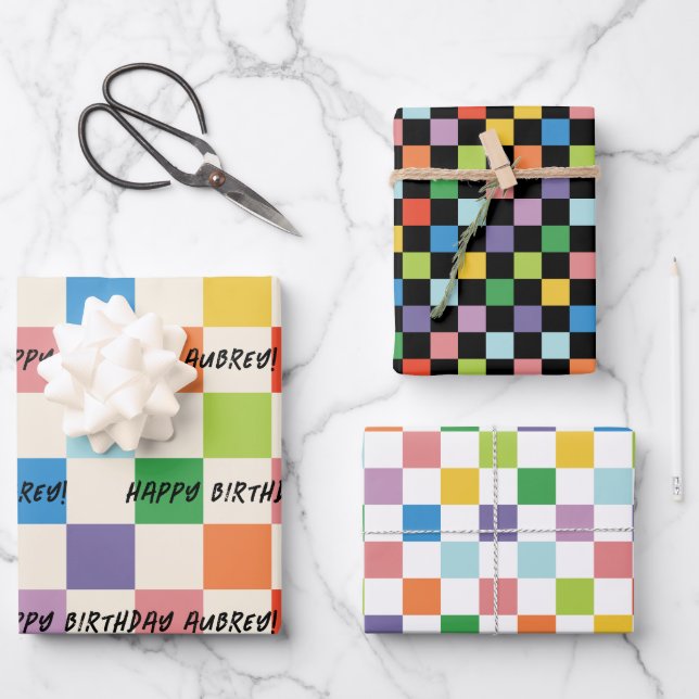 Bright Colourful Chequerboard Custom Birthday Wrapping Paper Sheet (Front)
