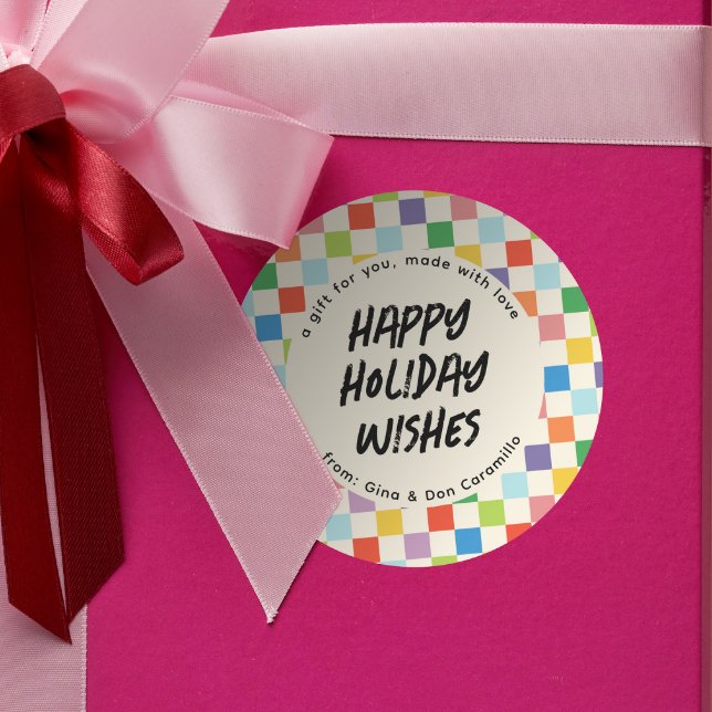 Bright Colourful Chequerboard Gift Classic Round Sticker (round custom Christmas holiday gift tag with colorful checker border)