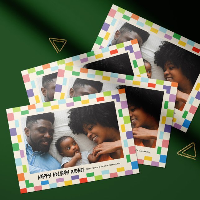 Bright Colourful Chequerboard Landscape Photo Card (Colorful checkerboard patterned landscape orientation folded photo holiday card with message inside)