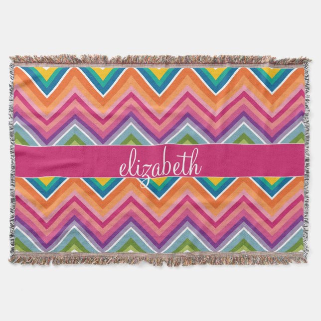 Bright Colourful Chevron Pattern Script Name Throw Blanket (Front)