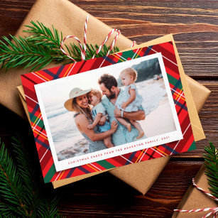 Bright colourful Christmas plaid one photo Holiday Card