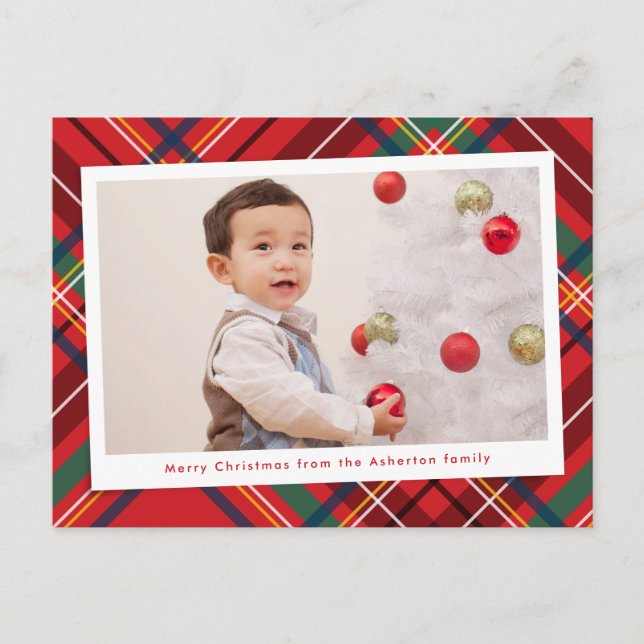 Bright colourful Christmas plaid one photo Holiday Postcard (Front)