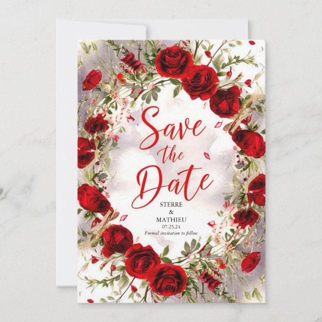 Bright Colourful Crimson Red Roses Wedding Save The Date (Front)