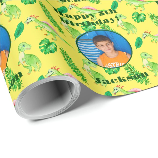 Bright Colourful Custom Photo Text Dinosaur Patter Wrapping Paper (Roll Corner)