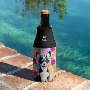 Bright Colourful Cute Dog Personalised Name Trendy Bottle Cooler