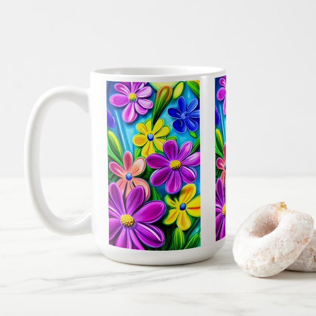 Bright Colourful Daisy Flowers Coffee Mug (With Donut)
