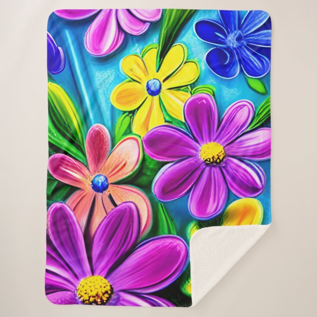Bright Colourful Daisy Flowers Sherpa Blanket (Front)