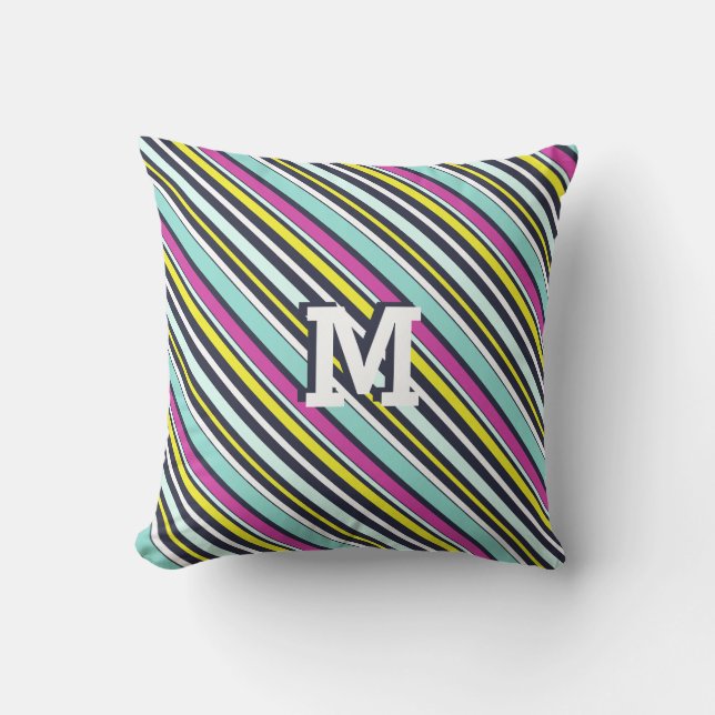 Bright Colourful Diagonal Stripes Pattern Monogram Cushion (Front)