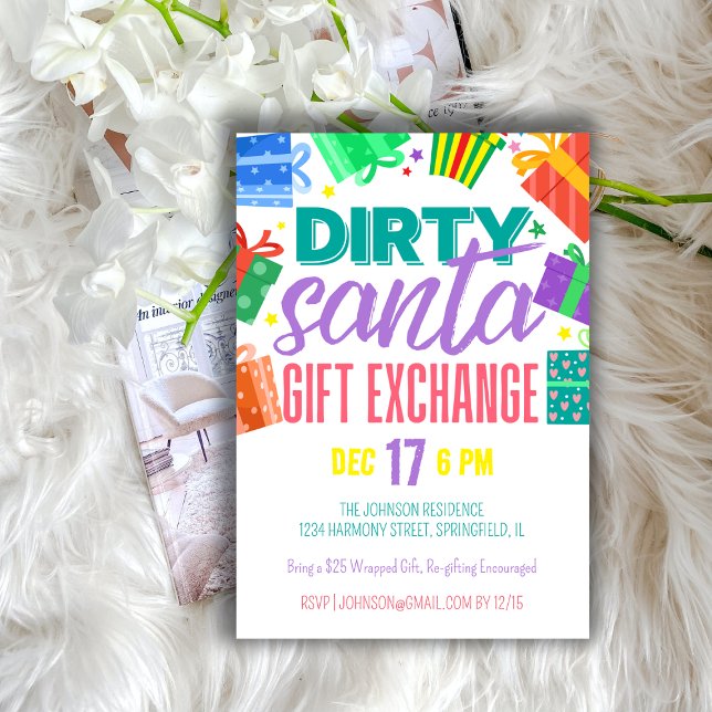 Bright Colourful Dirty Santa Gift Exchange Party Invitation ( Bright Colorful Dirty Santa Gift Exchange Party Invitation)