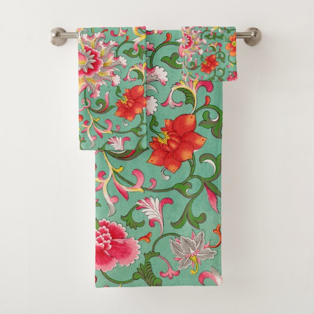 Bright Colourful Elegant Asian Floral Chinoiserie Bath Towel Set (Insitu)