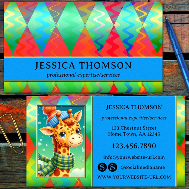 Bright Colourful Eye Catching Business Card (Colorful artistic business card showing an abstract geometrical design, your photo and social media)