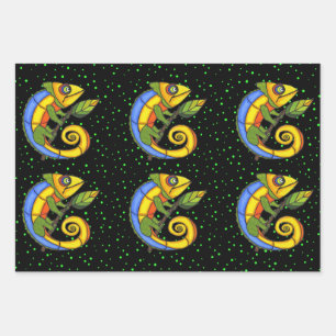 Bright Colourful Fantasy Lizards Holding Leaf Dots Wrapping Paper Sheet