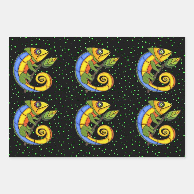 Bright Colourful Fantasy Lizards Holding Leaf Dots Wrapping Paper Sheet (Front)
