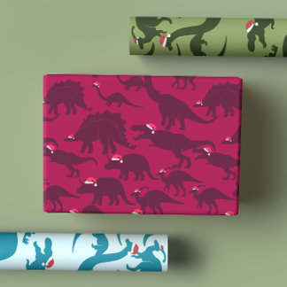 Bright Colourful Festive Dinosaurs In Santa Hats Wrapping Paper Sheet