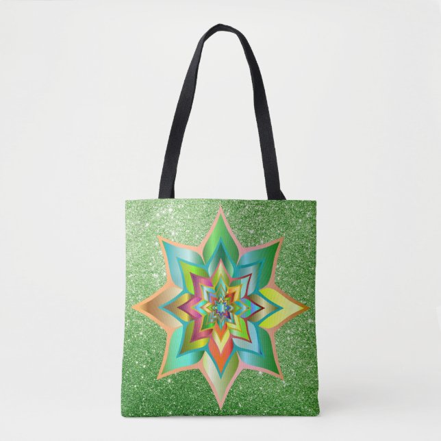 Bright Colourful Floral Green Faux Glitter Tote Bag (Front)