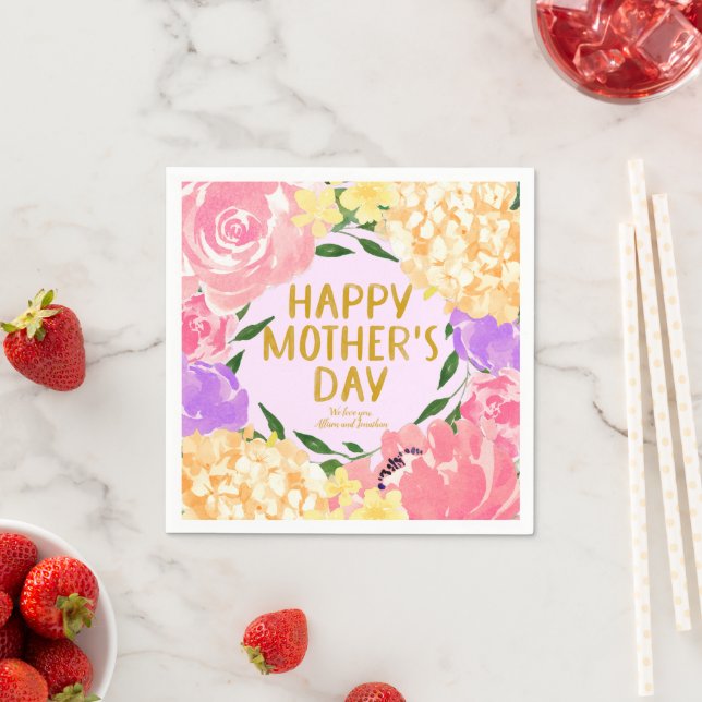 Bright Colourful Floral Happy Mothers Day Napkin (Insitu)