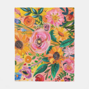 Bright colourful floral oil painting fleece blanket