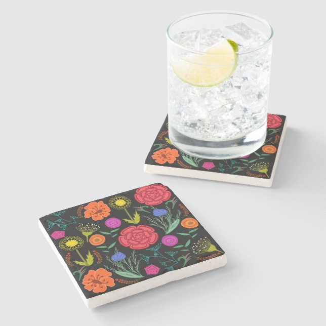 Bright Colourful Flowers Marble Stone Coaster (Side)