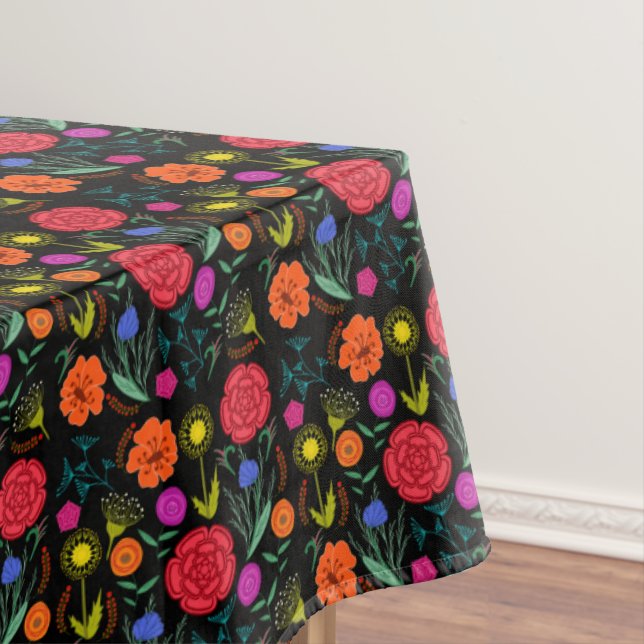 Bright Colourful Flowers on Black 60" x 104" Tablecloth (In Situ)
