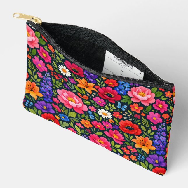 Bright Colourful Flowers on Black Background Accessory Pouch (Open)
