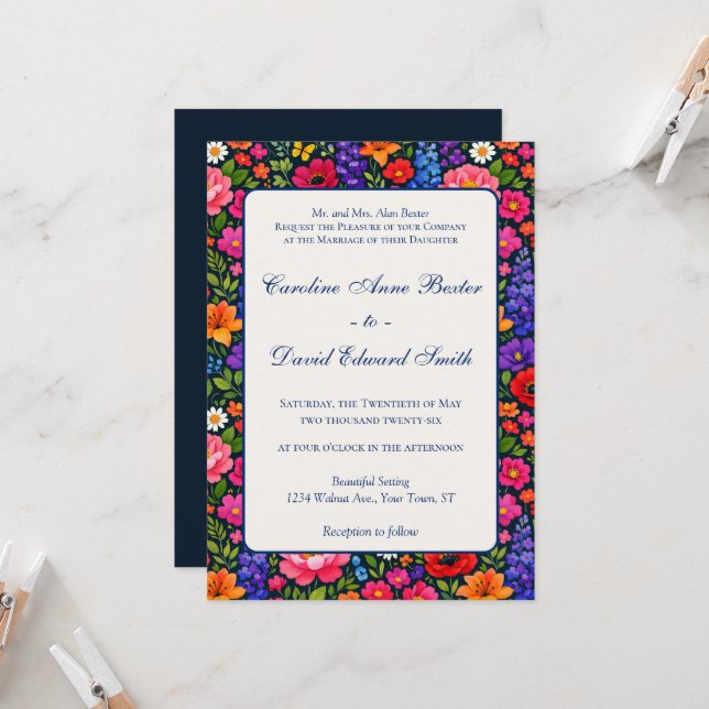 Bright Colourful Flowers on Black Background Invitation (Front/Back In Situ)