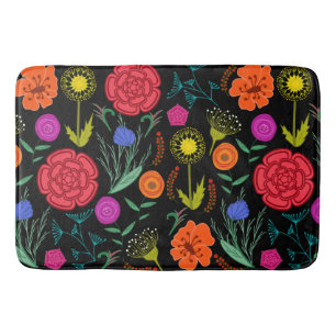 Bright Colourful Flowers on Black Bath Mat