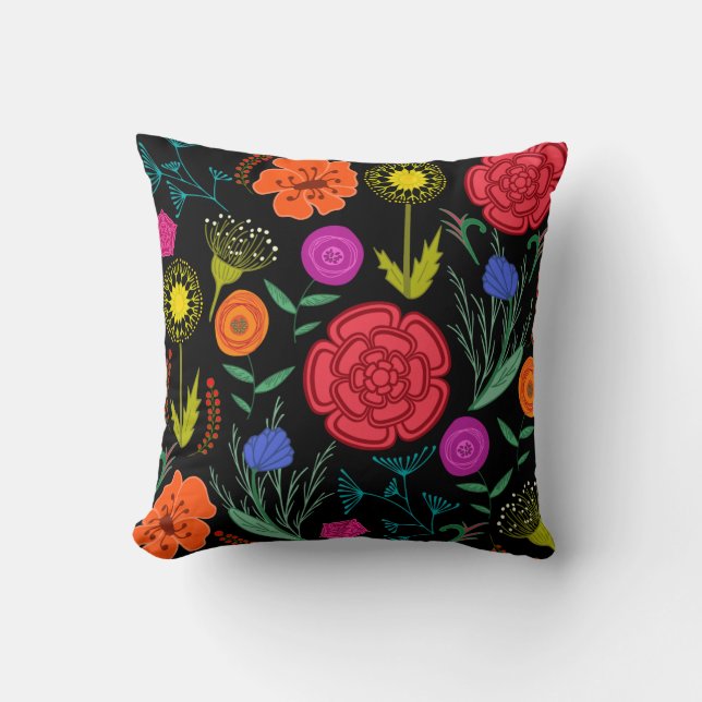 Bright Colourful Flowers on Black Cushion (Front)