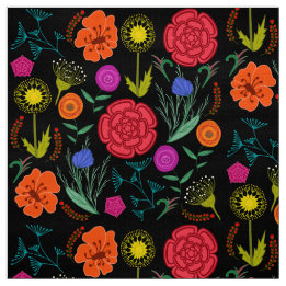 Bright Colourful Flowers on Black Fabric
