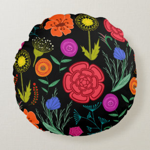 Bright Colourful Flowers on Black Round Cushion