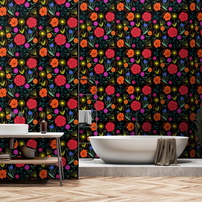 Bright Colourful Flowers on Black Wallpaper (Bathroom)